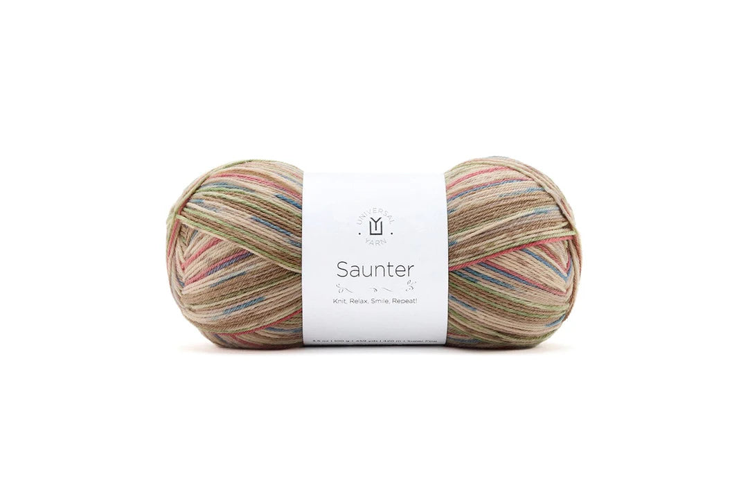 Multicolored yarn ball with a label on a white background