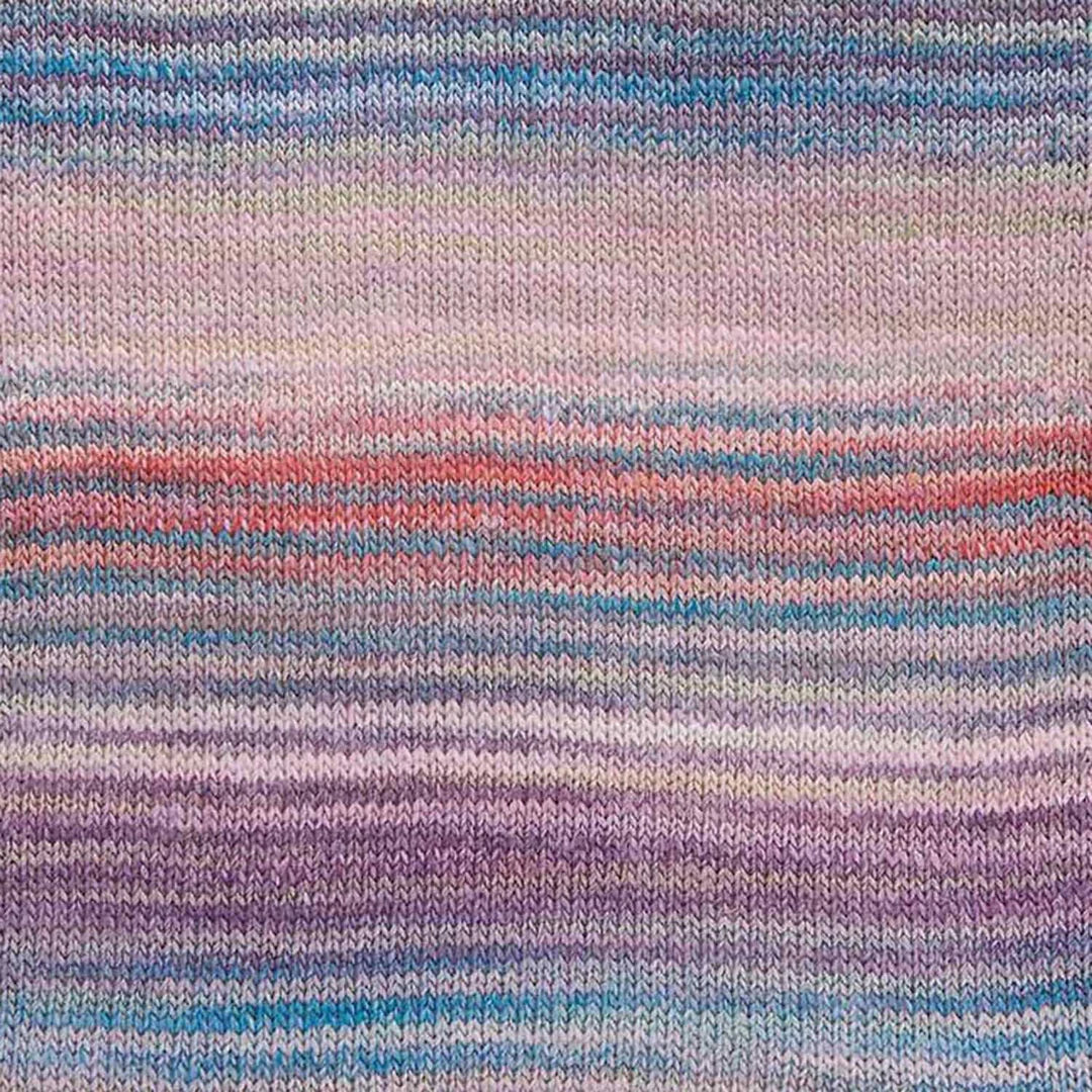 Multicolored striped fabric pattern with shades of purple, blue, and pink.