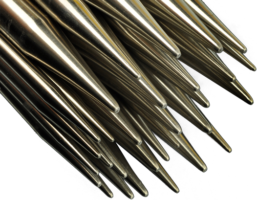 Close-up of metal knitting needle tips for Chiaogoo interchangeable needles