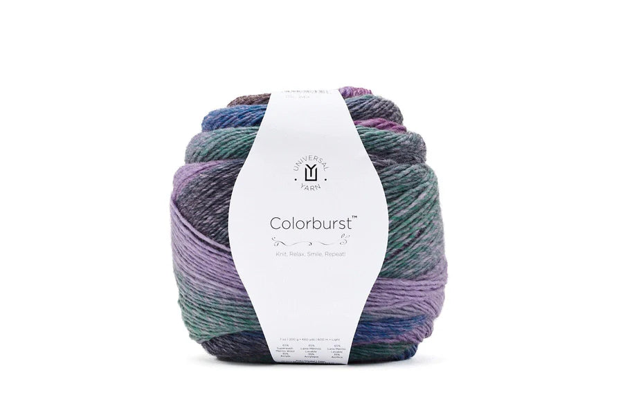 Multicolored skein of yarn with a 'Colorburst' label on a white background