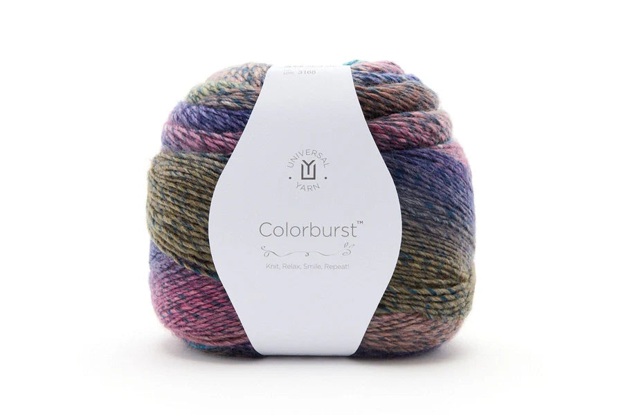 Multicolored yarn ball with a white label on a white background