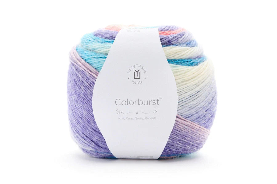 Multicolored yarn ball with a white label on a white background